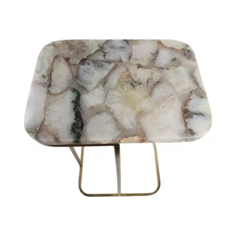 C-Shaped Metal Side Table with Polished Stone Top