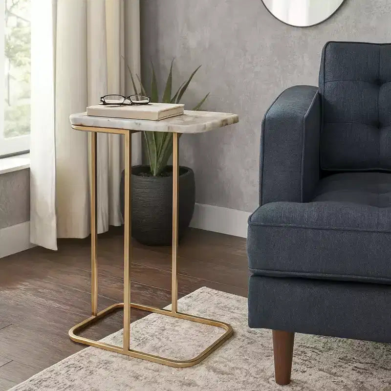 C-Shaped Metal Side Table with Polished Stone Top