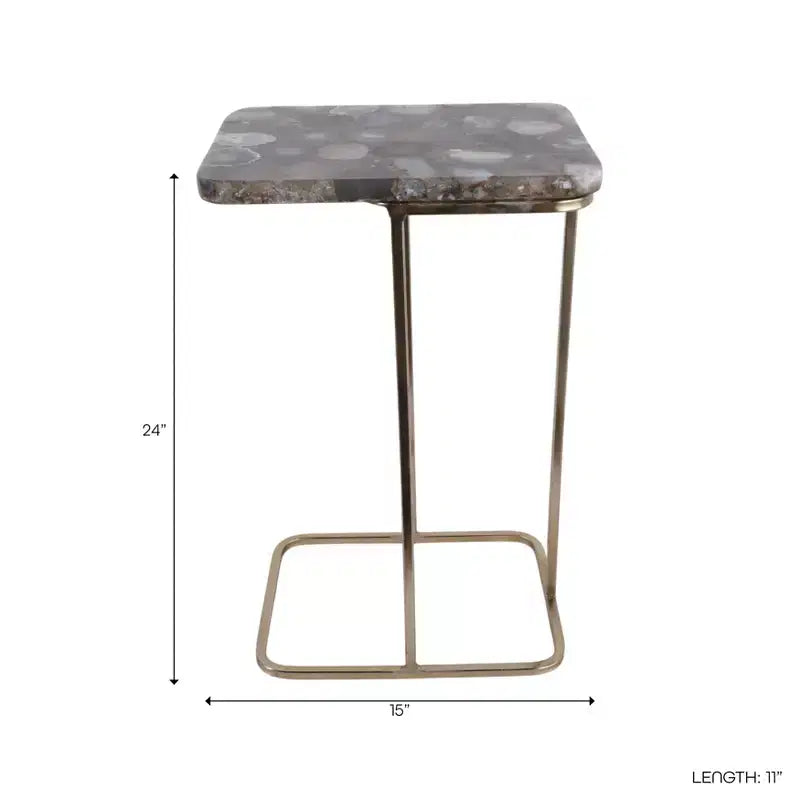 C-Shaped Metal Side Table with Polished Stone Top