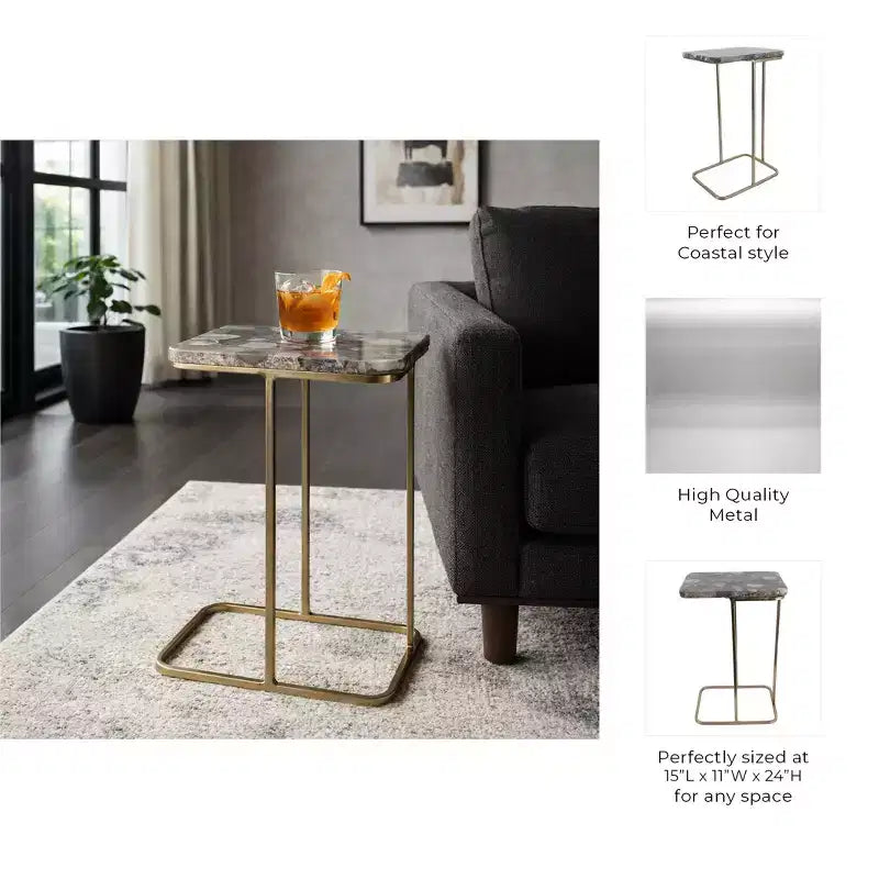 C-Shaped Metal Side Table with Polished Stone Top