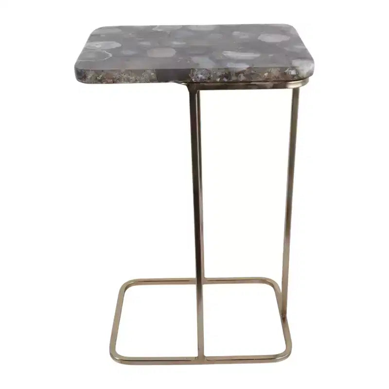 C-Shaped Metal Side Table with Polished Stone Top