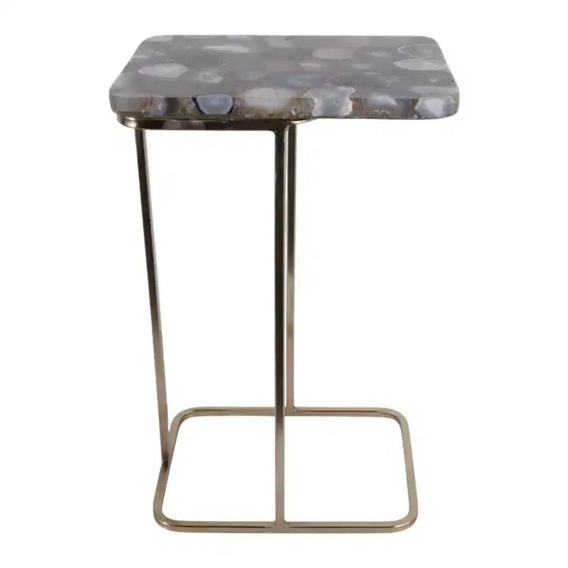 C-Shaped Metal Side Table with Polished Stone Top