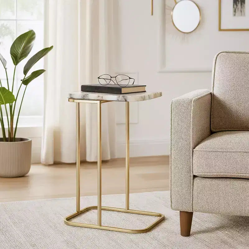 C-Shaped Metal Side Table with Polished Stone Top