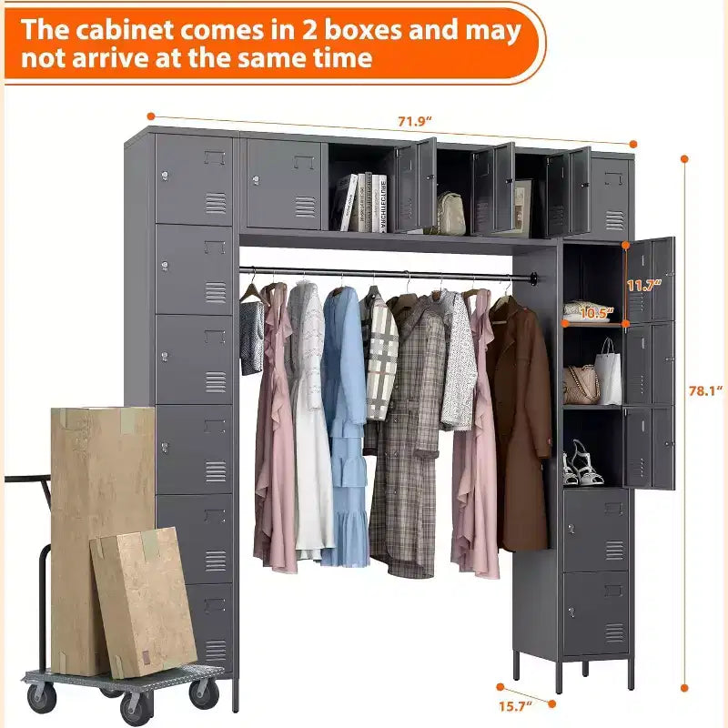 78-Inch Metal Storage Locker with 16 Doors and Hanging Rod