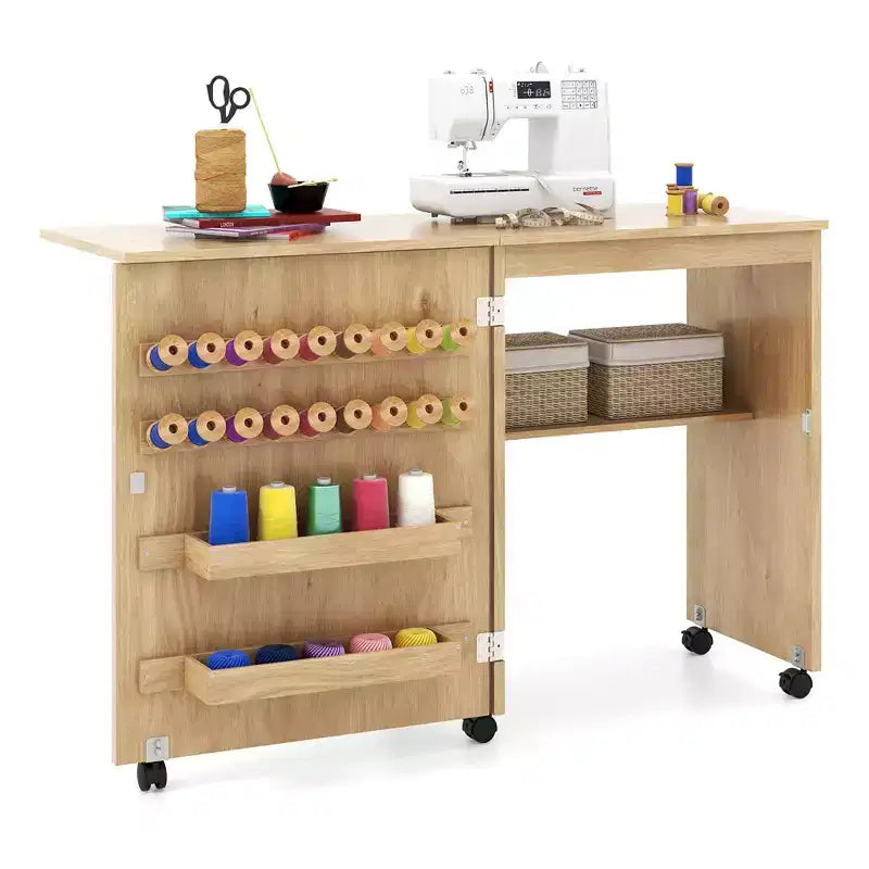 Folding Sewing Table with Storage Trays, Pegs, and Lockable Wheels