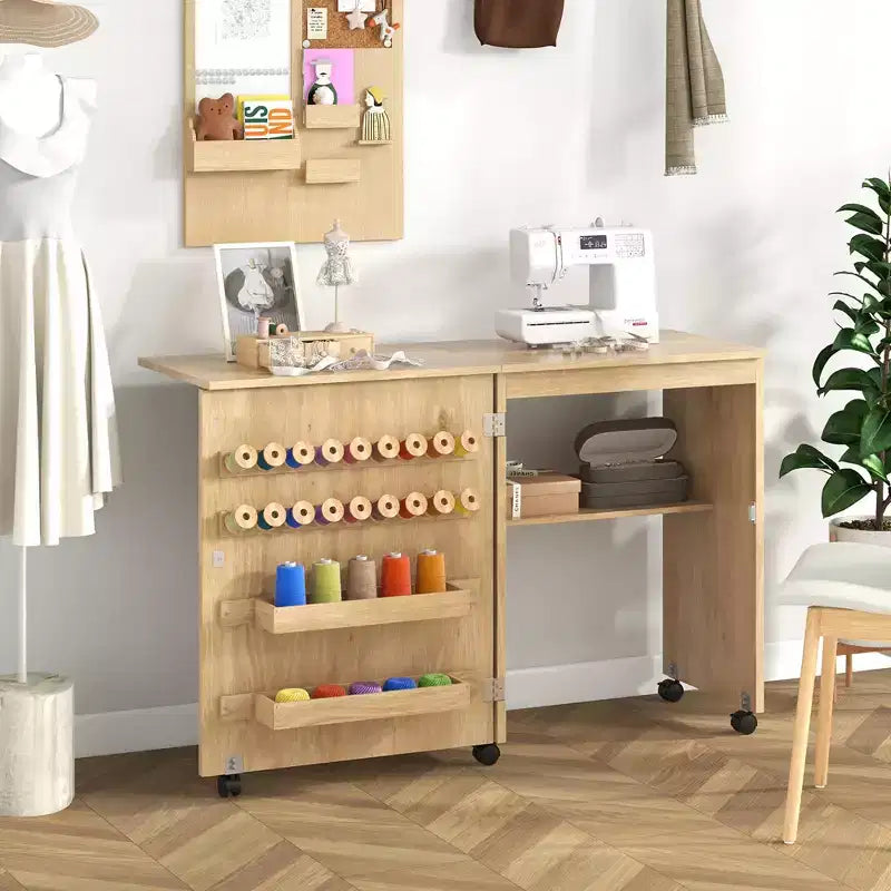 Folding Sewing Table with Storage Trays, Pegs, and Lockable Wheels