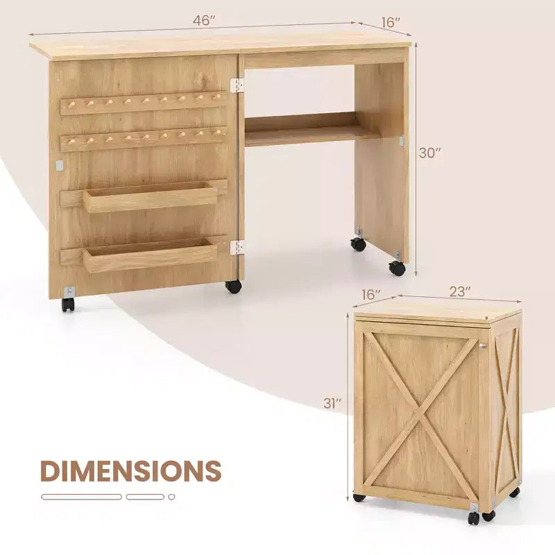 Folding Sewing Table with Storage Trays, Pegs, and Lockable Wheels