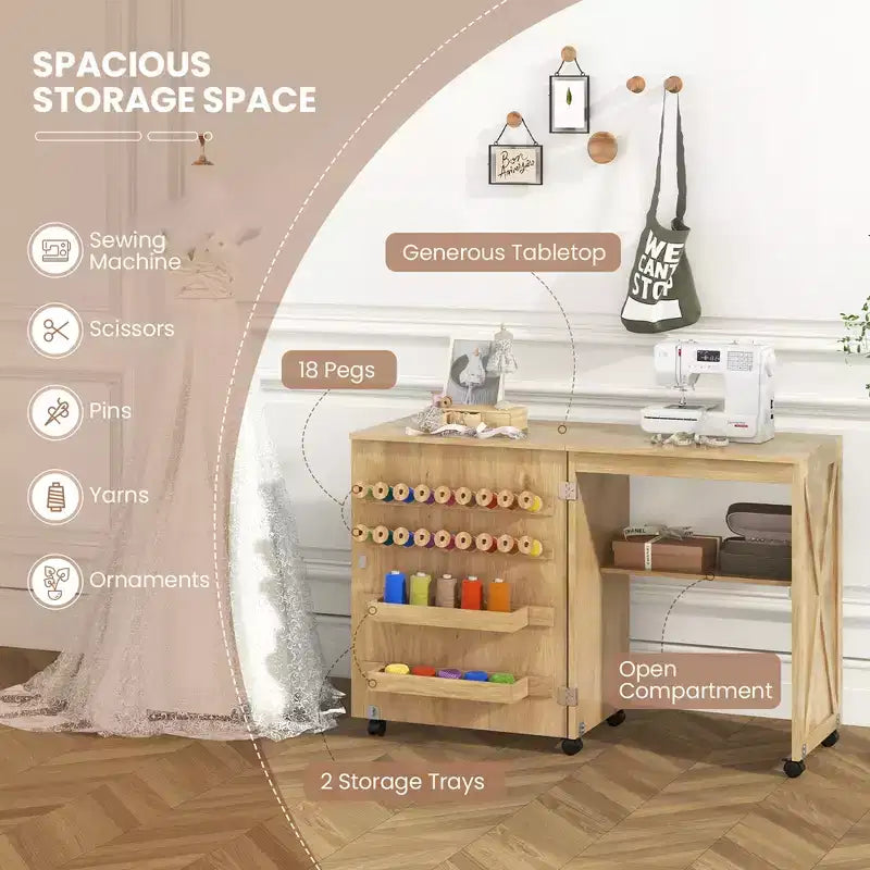 Folding Sewing Table with Storage Trays, Pegs, and Lockable Wheels