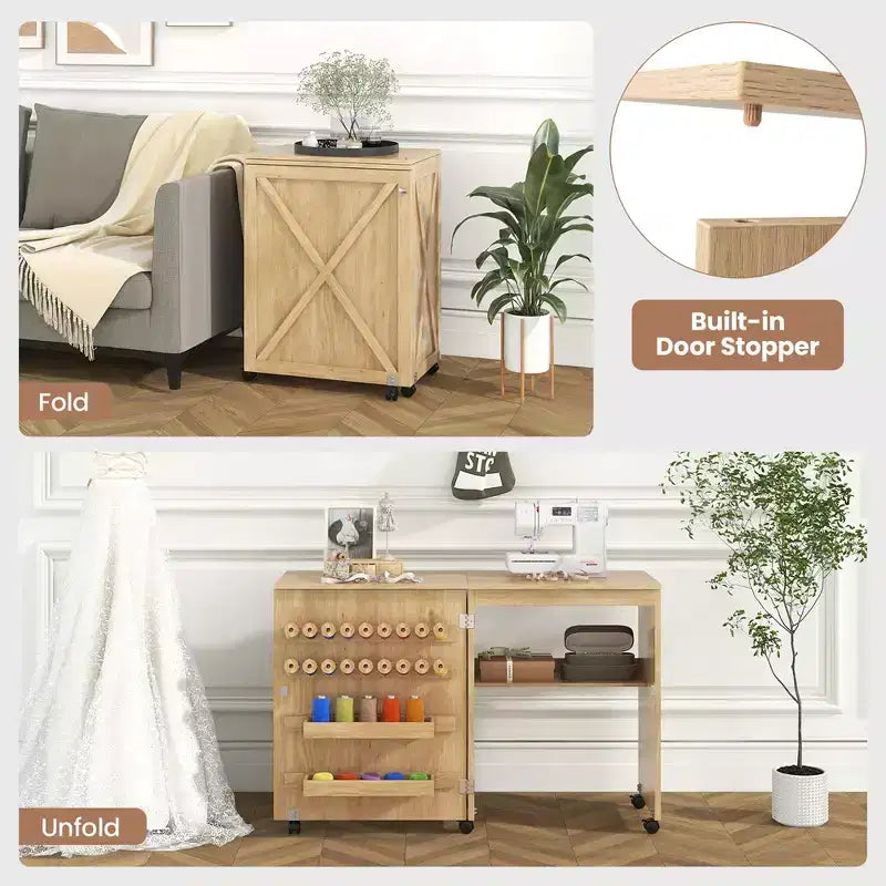 Folding Sewing Table with Storage Trays, Pegs, and Lockable Wheels