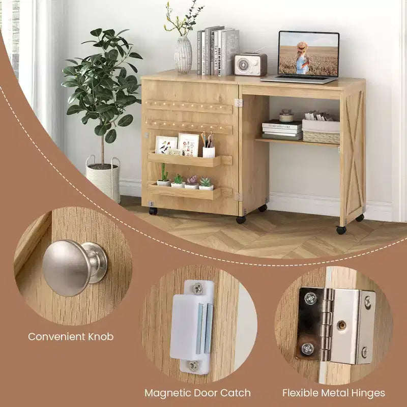 Folding Sewing Table with Storage Trays, Pegs, and Lockable Wheels