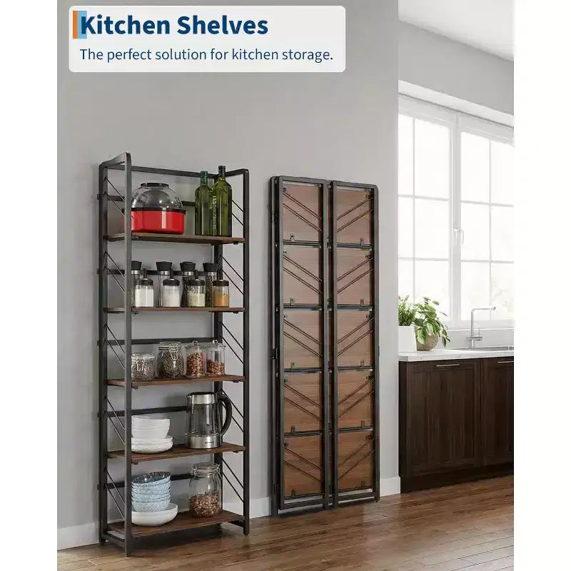 5-Tier Folding Bookshelf with Vintage Industrial Style