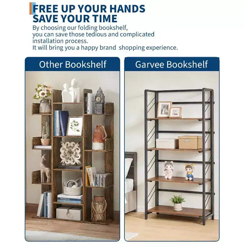 5-Tier Folding Bookshelf with Vintage Industrial Style