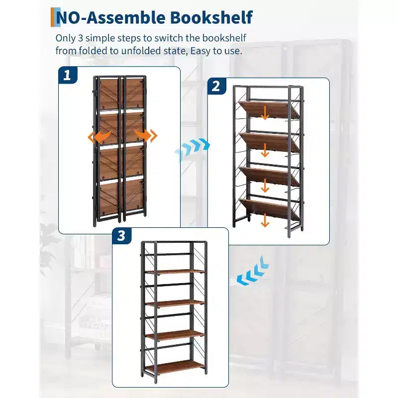 5-Tier Folding Bookshelf with Vintage Industrial Style