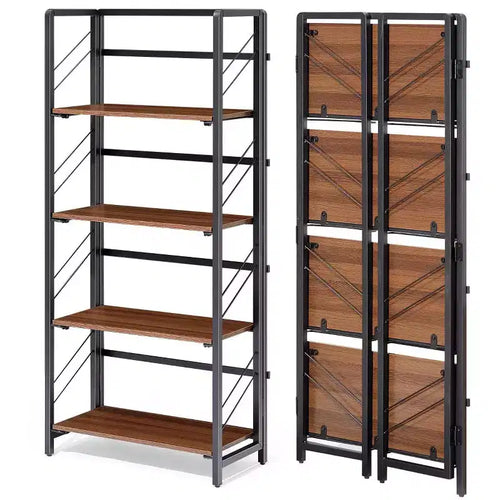 No-Assembly 5-Tier Folding Bookshelf, Vintage Bookcase Storage Shelves, Standing Rack Study Organizer for Home Office