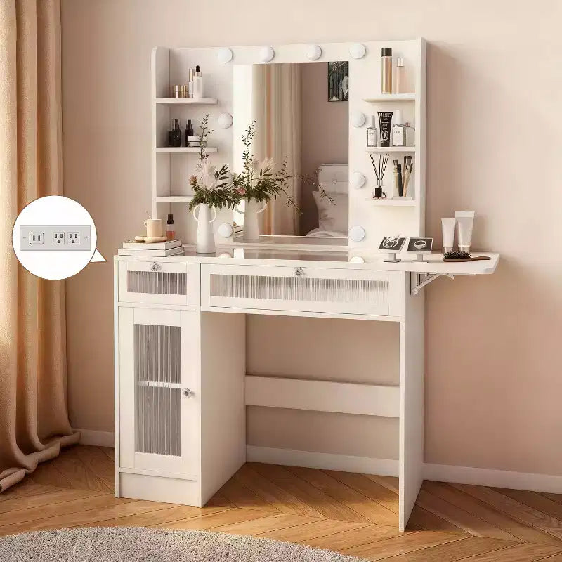 Vanity Desk with Mirror, LED Lights and Power Outlet – Makeup Table with 2 Drawers and 6 Storage Shelves for Bedroom