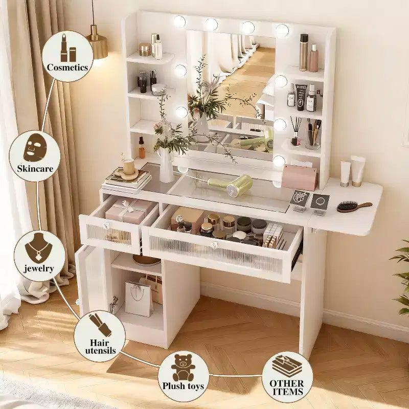Vanity Desk with Mirror, LED Lights and Power Outlet – Makeup Table with 2 Drawers and 6 Storage Shelves for Bedroom
