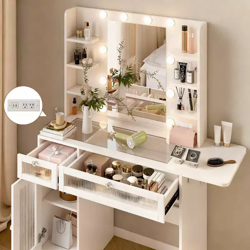 Vanity Desk with Mirror, LED Lights and Power Outlet – Makeup Table with 2 Drawers and 6 Storage Shelves for Bedroom
