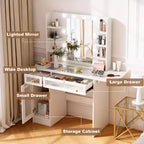 Vanity Desk with Mirror, LED Lights and Power Outlet – Makeup Table with 2 Drawers and 6 Storage Shelves for Bedroom