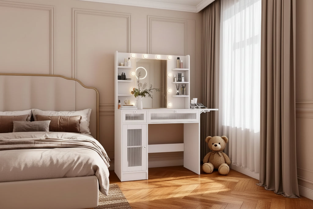 Vanity Desk with Mirror, LED Lights and Power Outlet – Makeup Table with 2 Drawers and 6 Storage Shelves for Bedroom