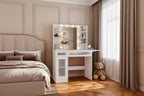 Vanity Desk with Mirror, LED Lights and Power Outlet – Makeup Table with 2 Drawers and 6 Storage Shelves for Bedroom