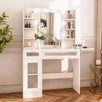 Vanity Desk with Mirror, LED Lights and Power Outlet – Makeup Table with 2 Drawers and 6 Storage Shelves for Bedroom