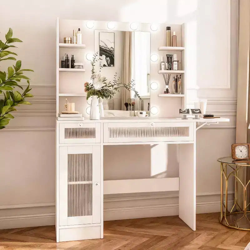 Vanity Desk with Mirror, LED Lights and Power Outlet – Makeup Table with 2 Drawers and 6 Storage Shelves for Bedroom