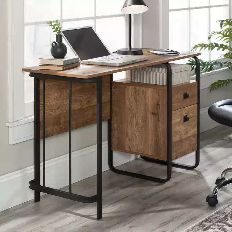 Single Pedestal Home Office Desk with Drawers and Open Shelf