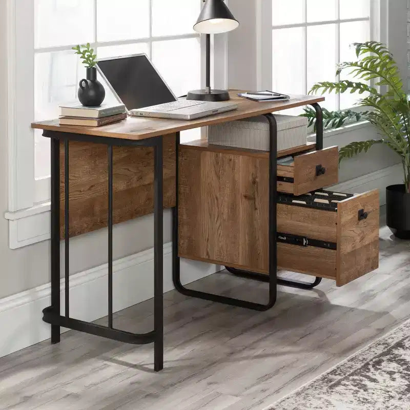 Single Pedestal Home Office Desk with Drawers and Open Shelf