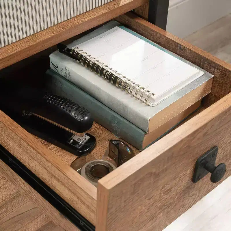 Single Pedestal Home Office Desk with Drawers and Open Shelf