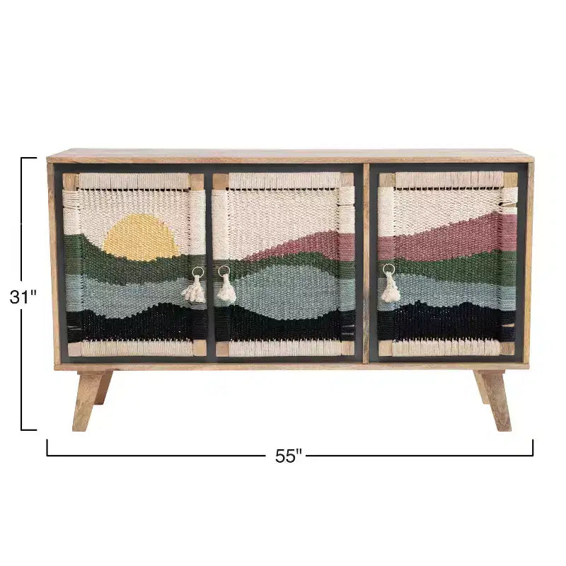 Mango Wood Console with Woven Rope Doors and Divided Storage