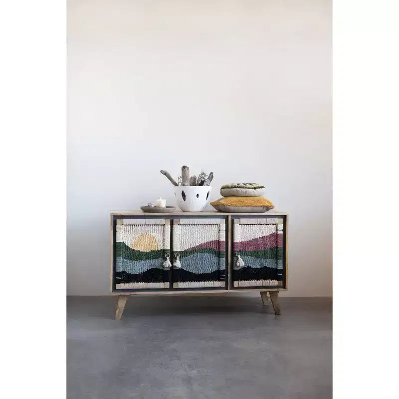Mango Wood Console with Woven Rope Doors and Divided Storage