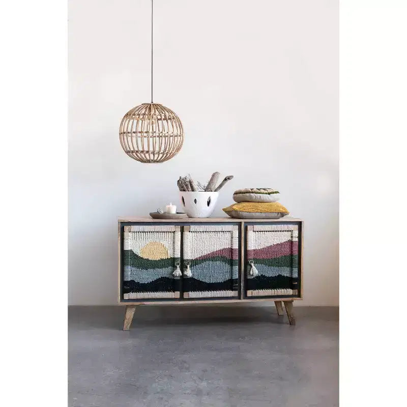 Mango Wood Console with Woven Rope Doors and Divided Storage