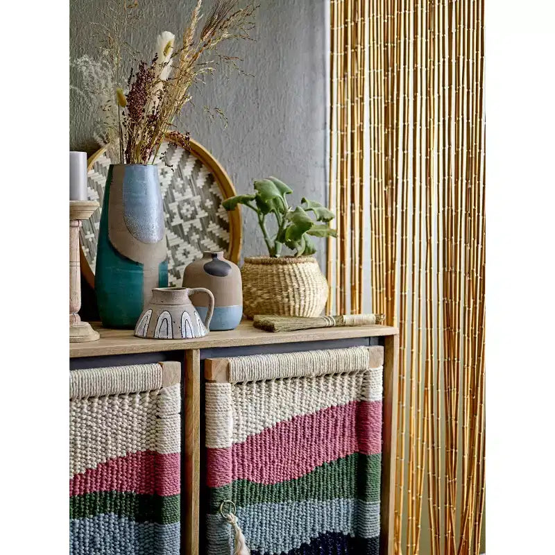 Mango Wood Console with Woven Rope Doors and Divided Storage