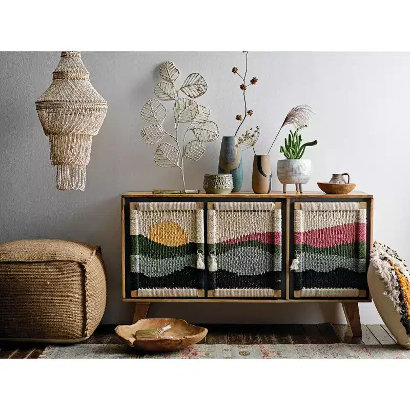 Mango Wood Console with Woven Rope Doors and Divided Storage
