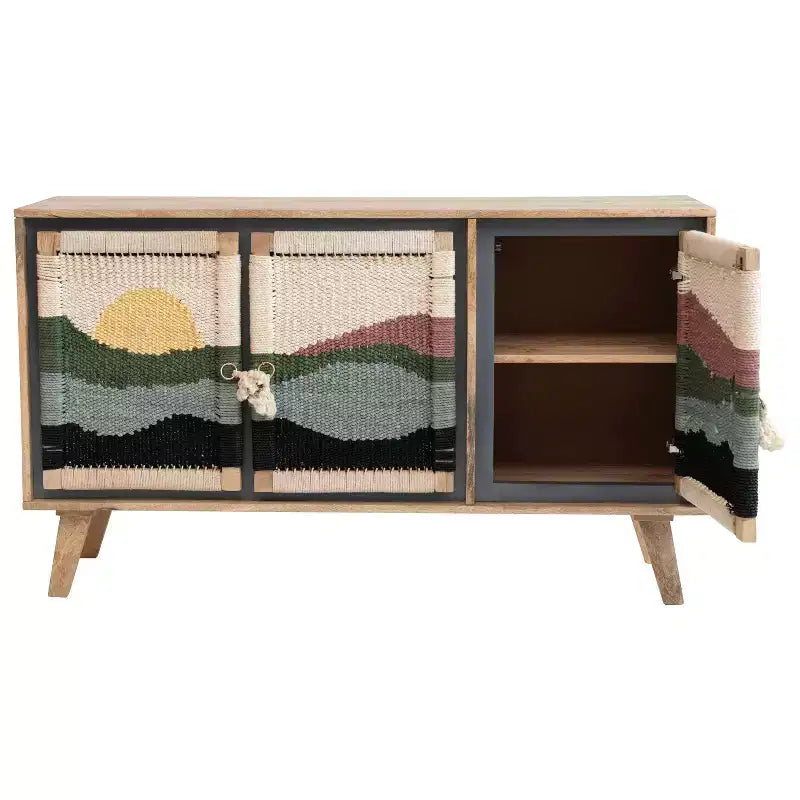 Mango Wood Console with Woven Rope Doors and Divided Storage