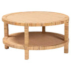 Round Rattan Wood Coffee Table with Open Shelf Storage