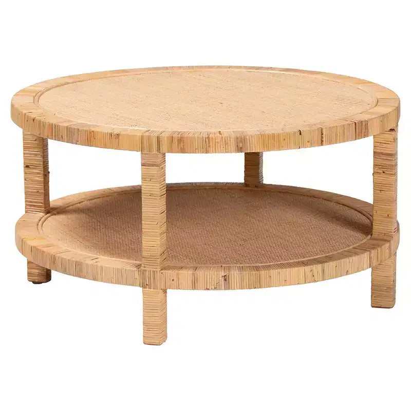Round Rattan Wood Coffee Table with Open Shelf Storage