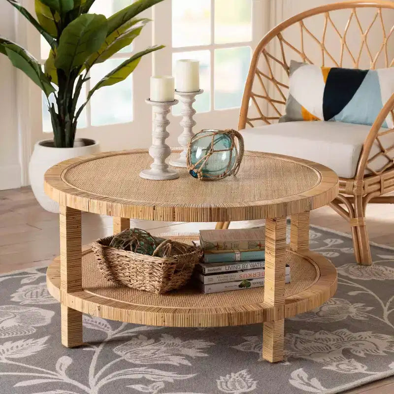 Round Rattan Wood Coffee Table with Open Shelf Storage