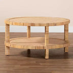 Round Rattan Wood Coffee Table with Open Shelf Storage