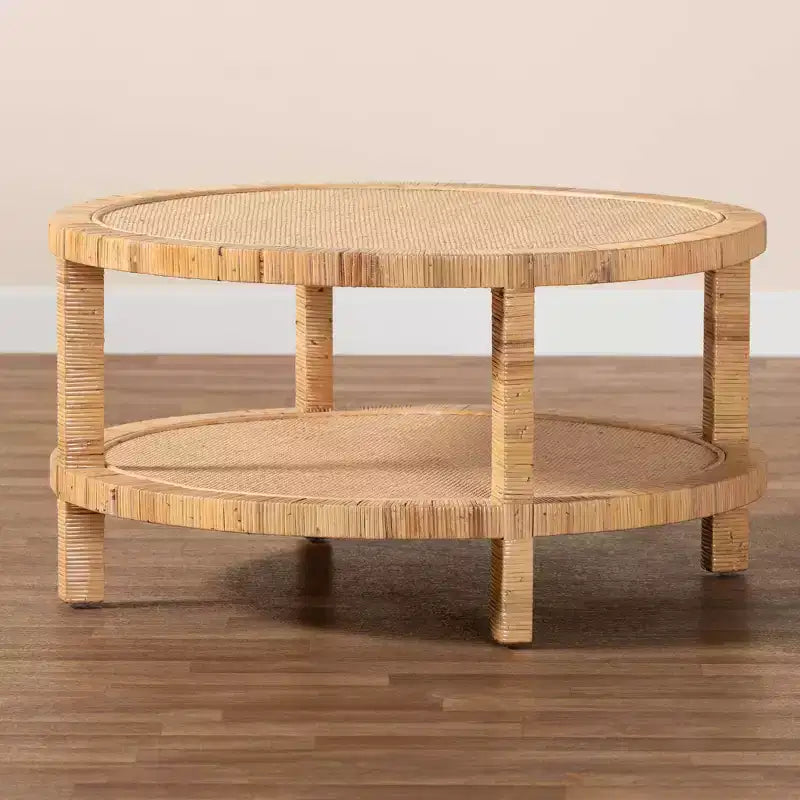 Round Rattan Wood Coffee Table with Open Shelf Storage