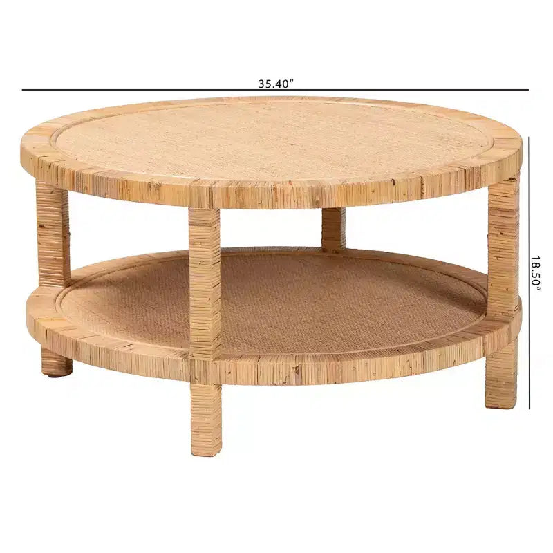 Round Rattan Wood Coffee Table with Open Shelf Storage