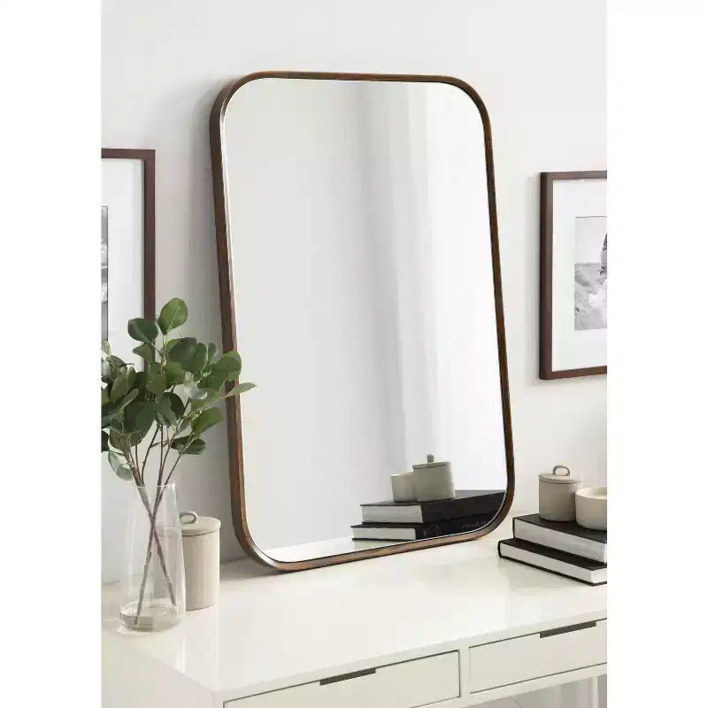 23x35 Walnut Brown Framed Wall Mirror, Hang Any Orientation