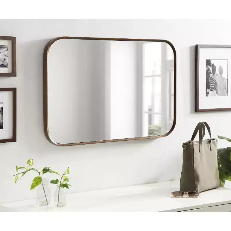 23x35 Walnut Brown Framed Wall Mirror, Hang Any Orientation