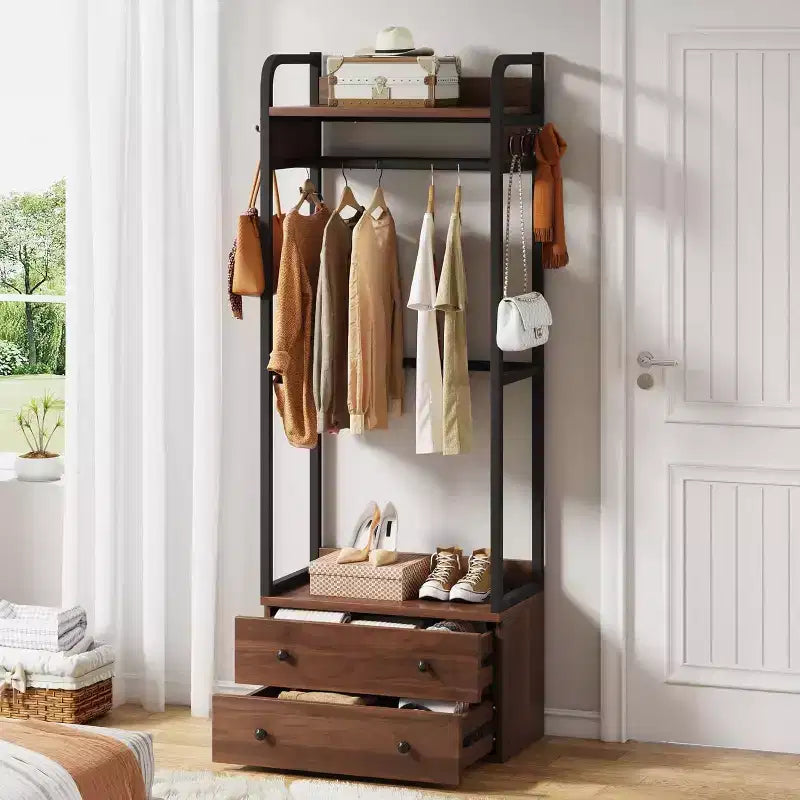 Freestanding Coat Rack with Drawers and Hanging Bars