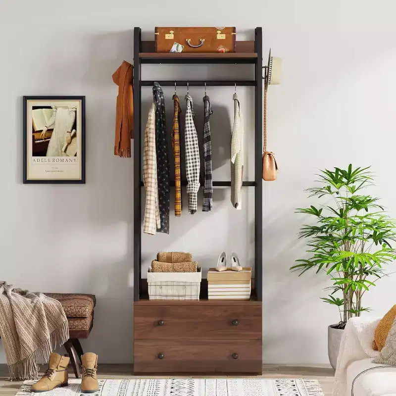 Freestanding Coat Rack with Drawers and Hanging Bars