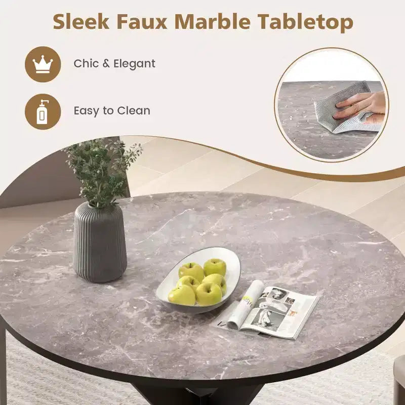 36-Inch Round Dining Table with Faux Marble Top and Wood Legs