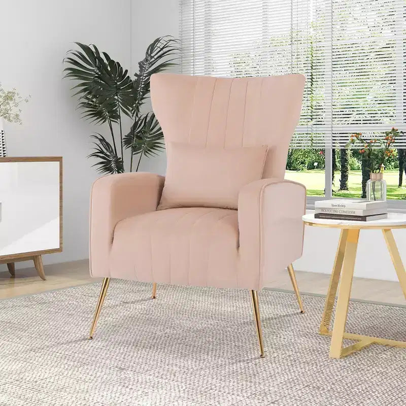 Velvet Wingback Accent Chair with Lumbar Pillow and Gold Legs