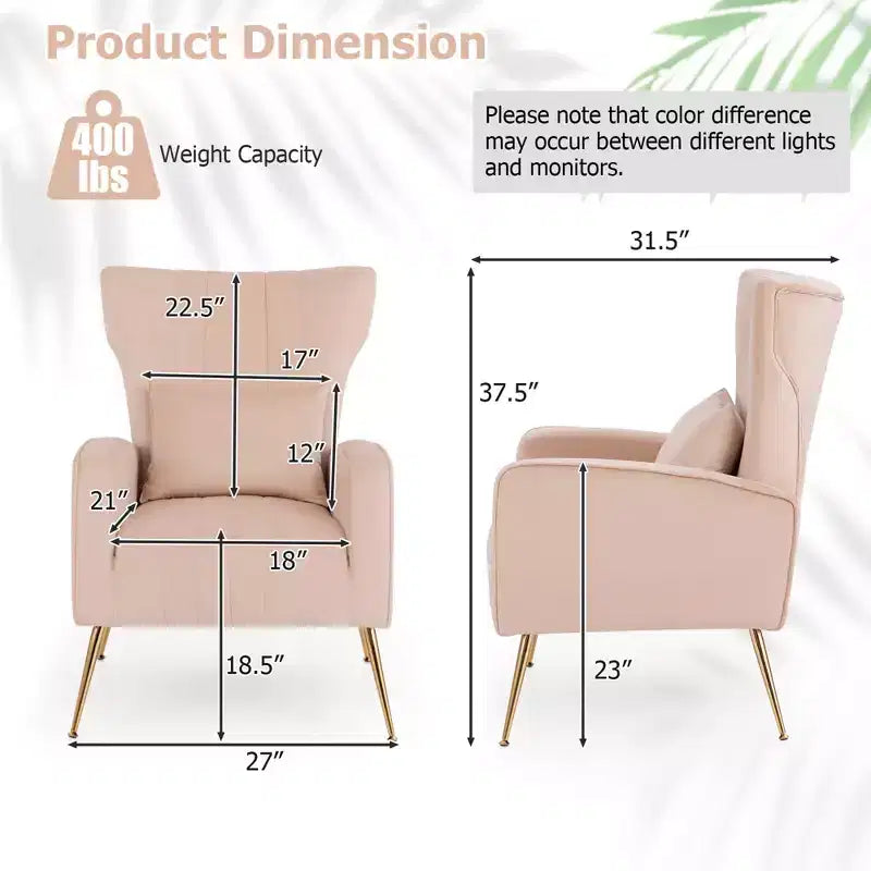 Velvet Wingback Accent Chair with Lumbar Pillow and Gold Legs