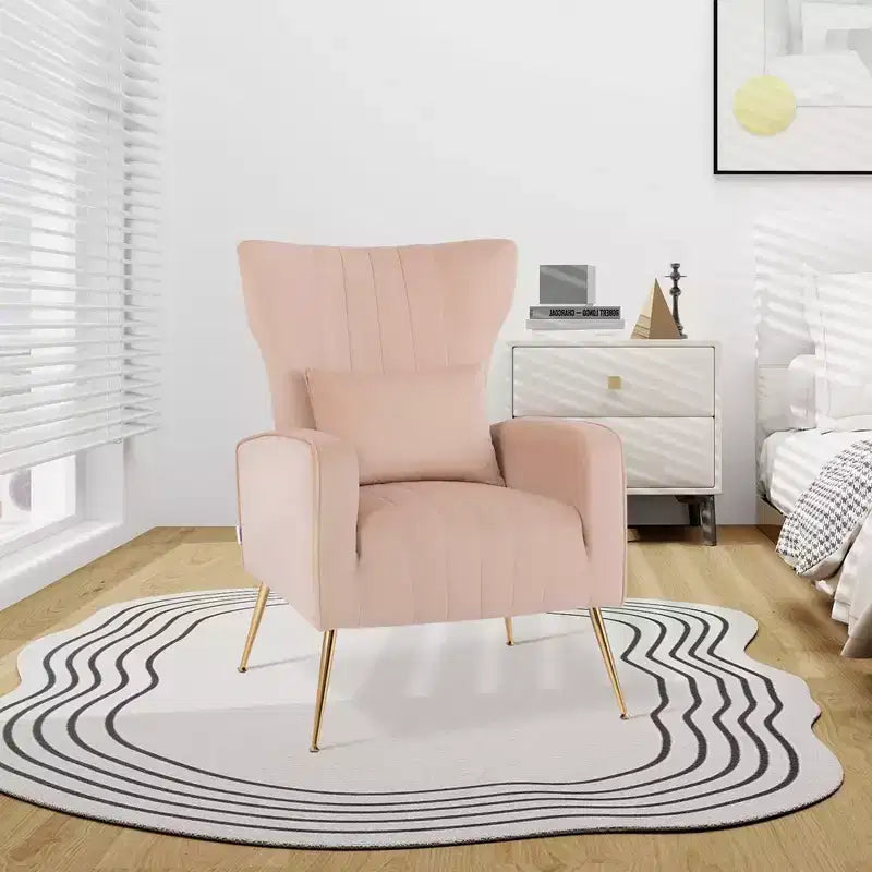 Velvet Wingback Accent Chair with Lumbar Pillow and Gold Legs