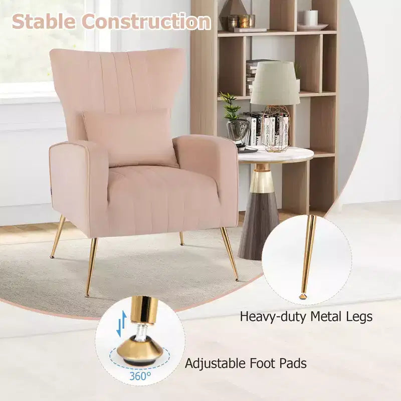 Velvet Wingback Accent Chair with Lumbar Pillow and Gold Legs